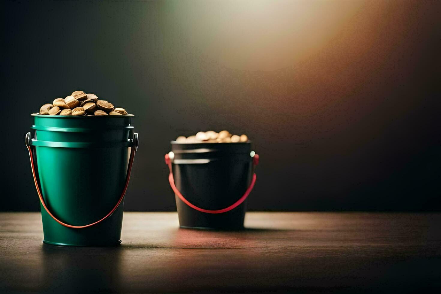 two buckets filled with nuts on a table. AI-Generated photo