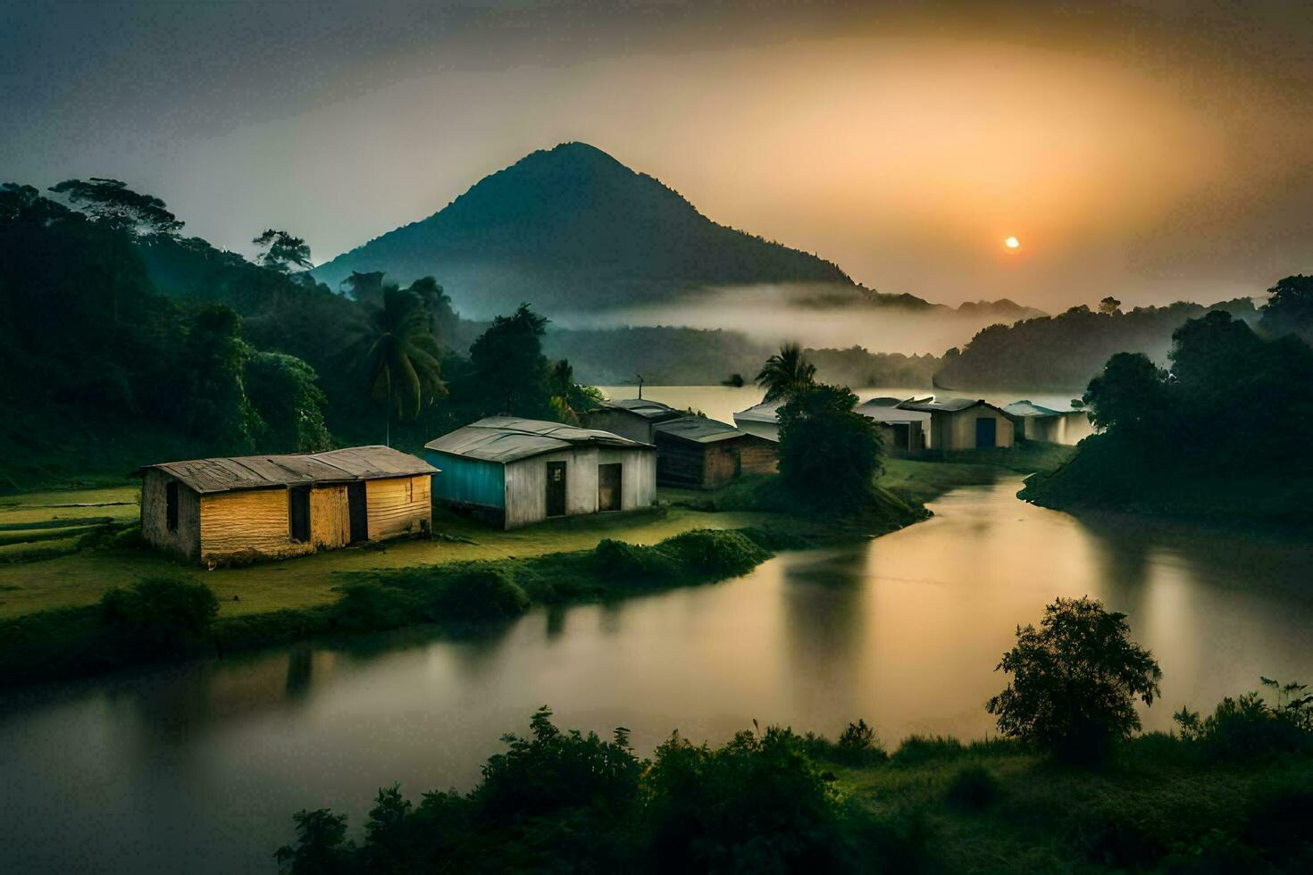 the sun rises over a river and some small houses. AI-Generated photo