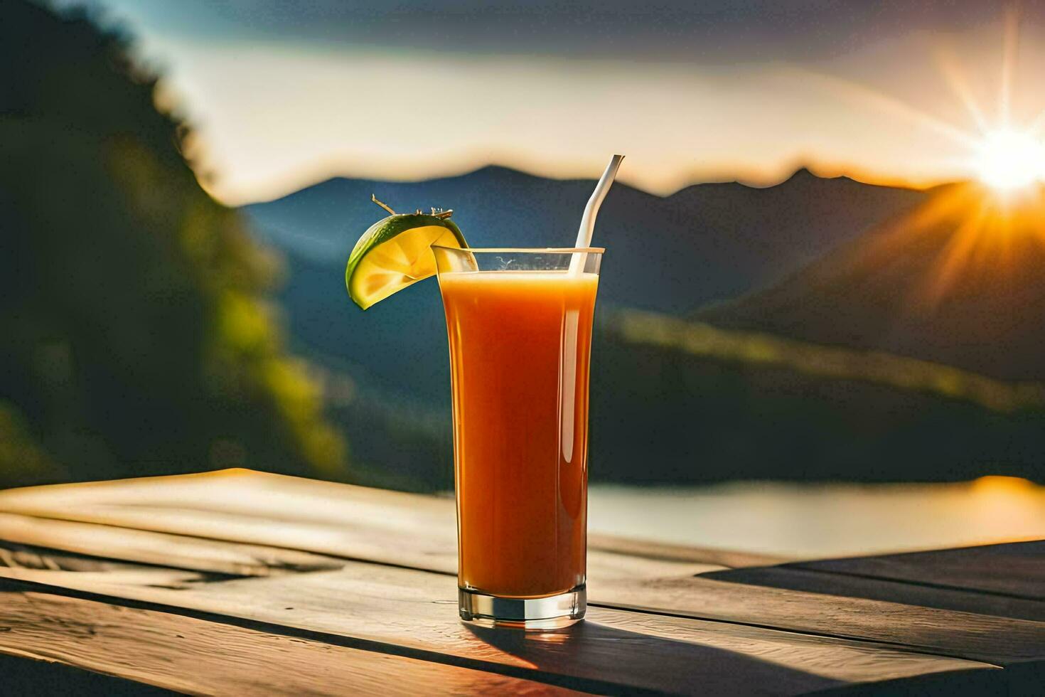 un vaso de naranja jugo en un de madera mesa en frente de un montaña. generado por ai foto