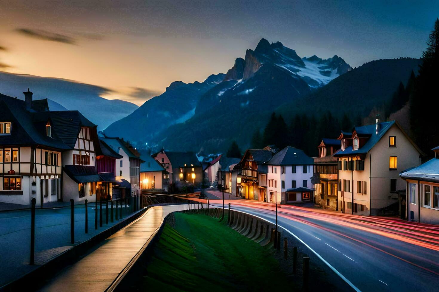 a town at dusk with mountains in the background. AI-Generated photo