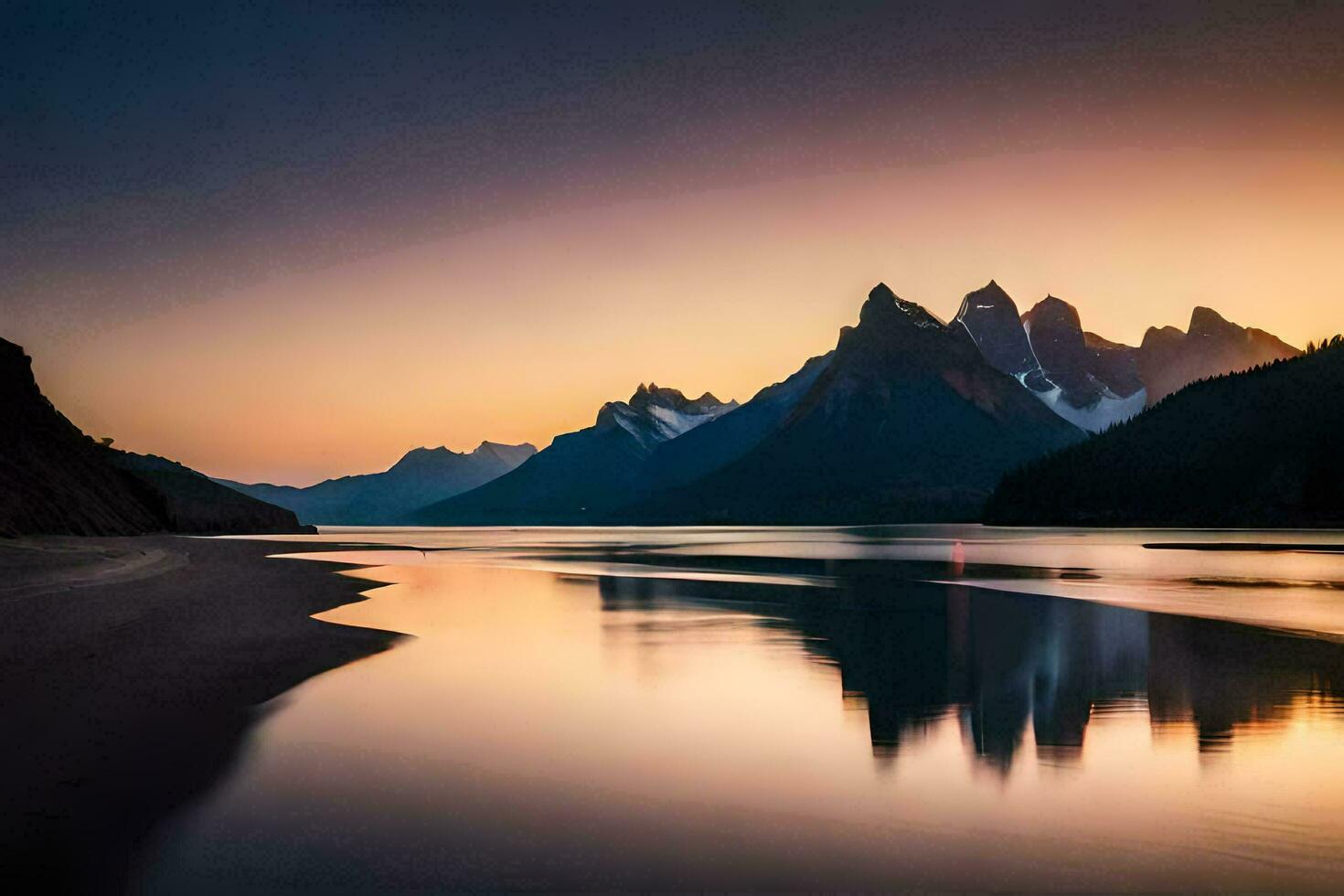the mountains are reflected in the water at sunset. AI-Generated photo