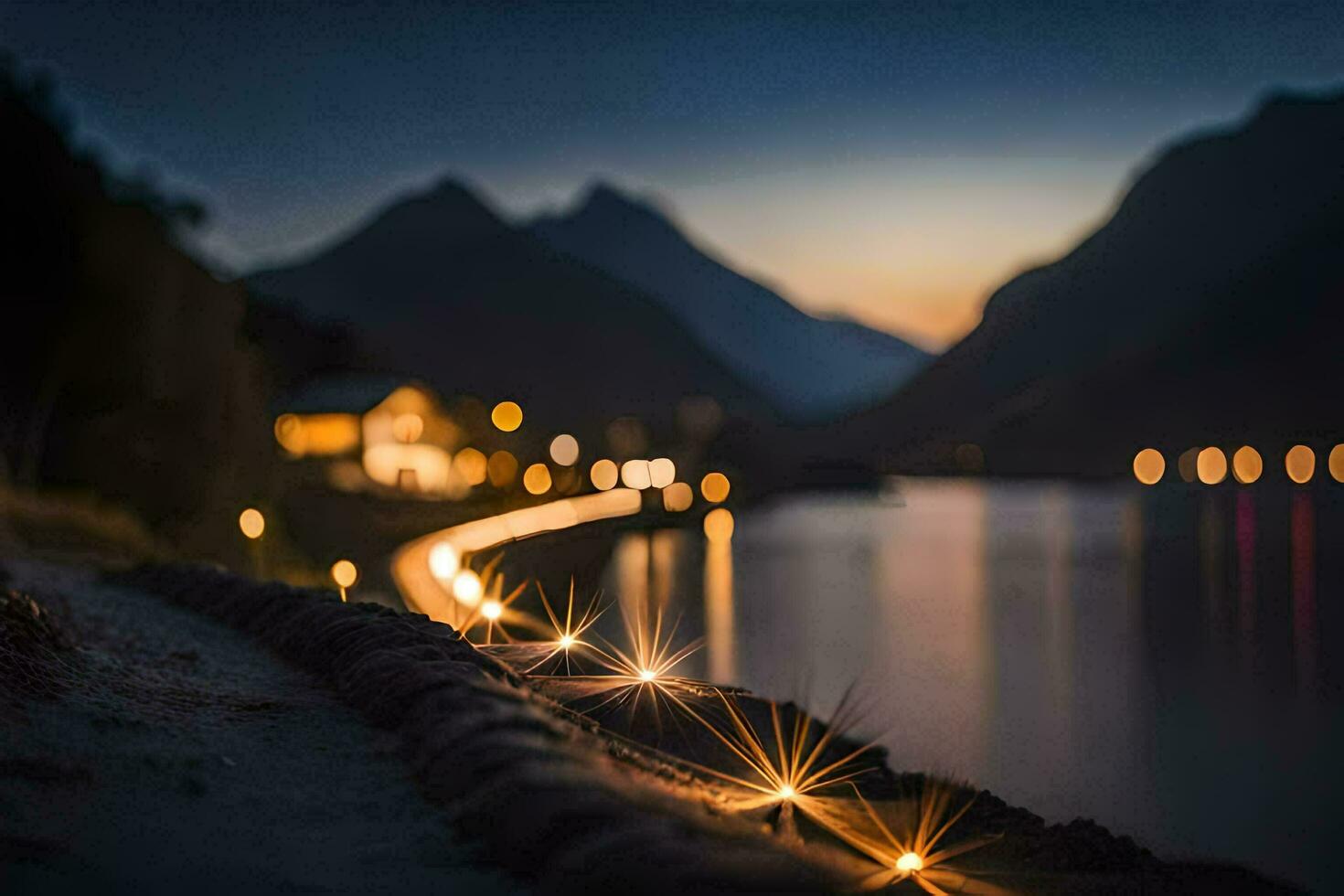 a long exposure photograph of a lake and mountains at night. AI-Generated photo