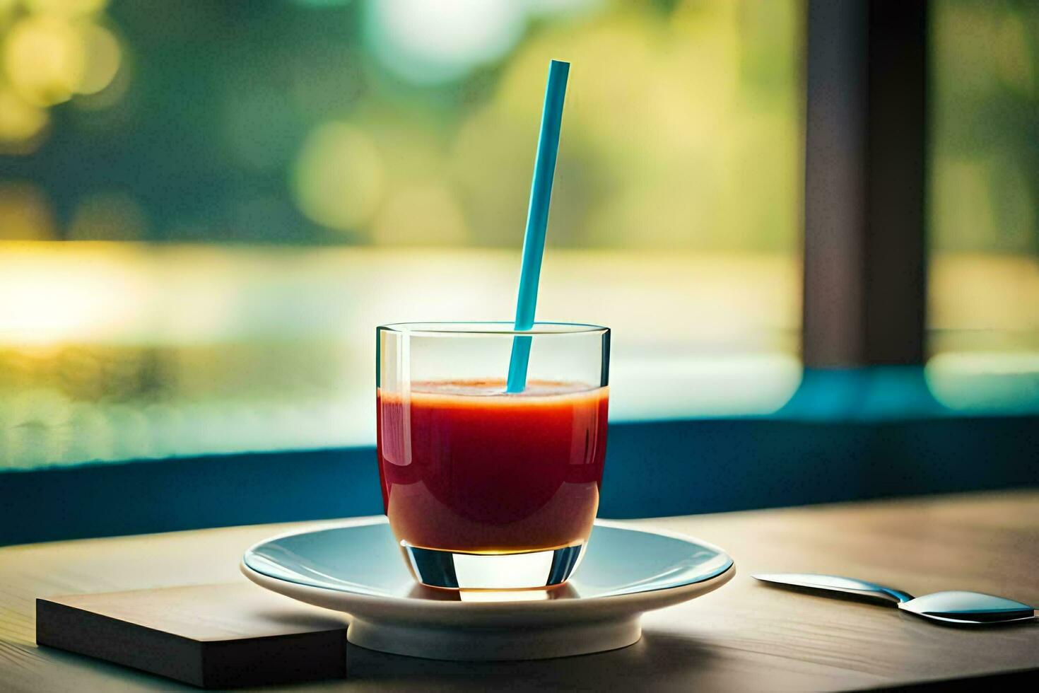 a glass of juice on a table with a blue straw. AI-Generated photo