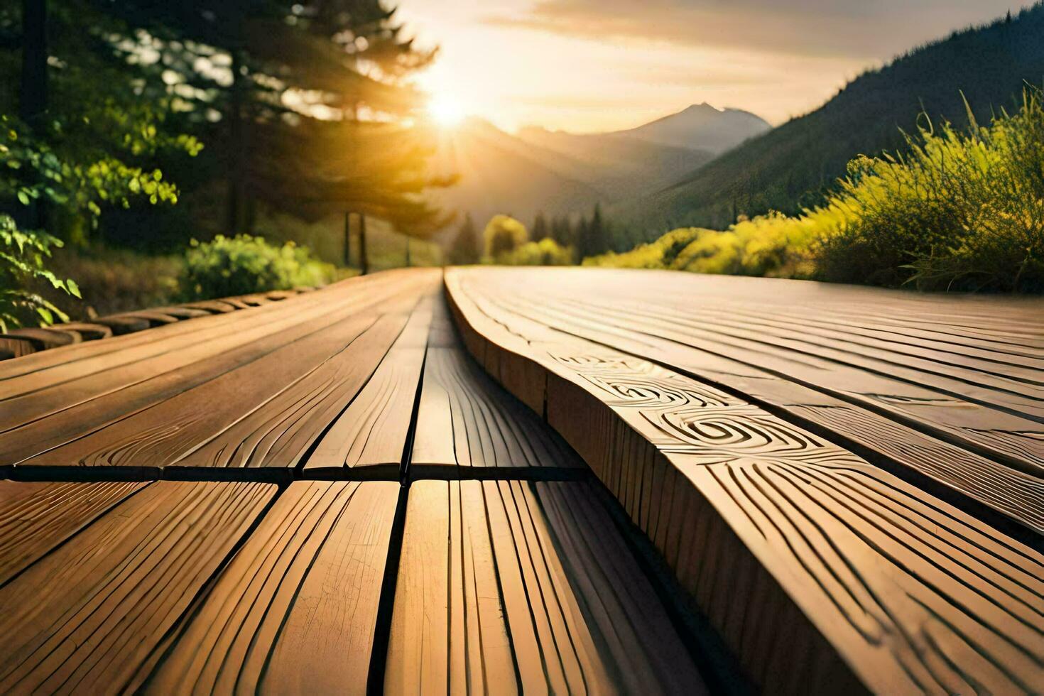 a wooden walkway in the mountains with the sun setting. AI-Generated photo