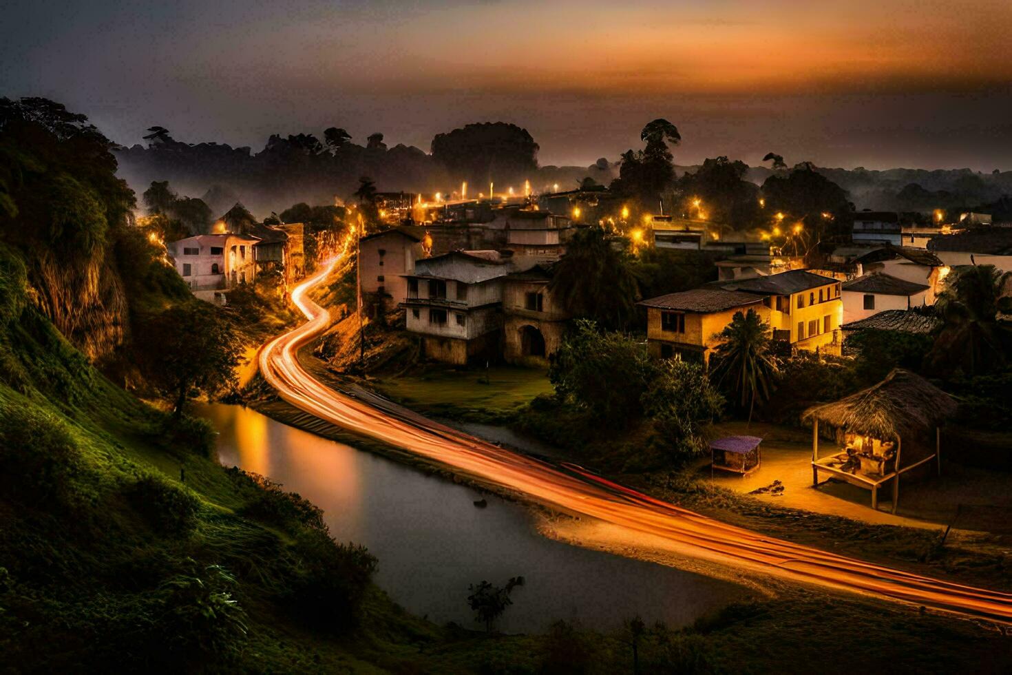 a town at dusk with a river and lights. AI-Generated photo