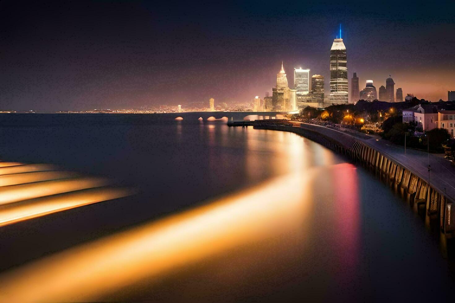 un largo exposición fotografía de el ciudad horizonte a noche. generado por ai foto