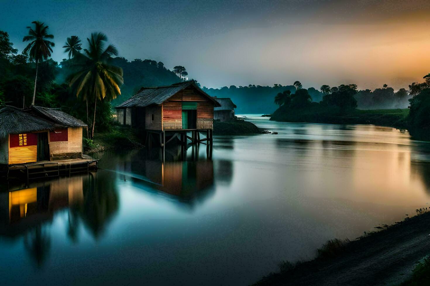 a river with houses and palm trees at sunset. AI-Generated photo