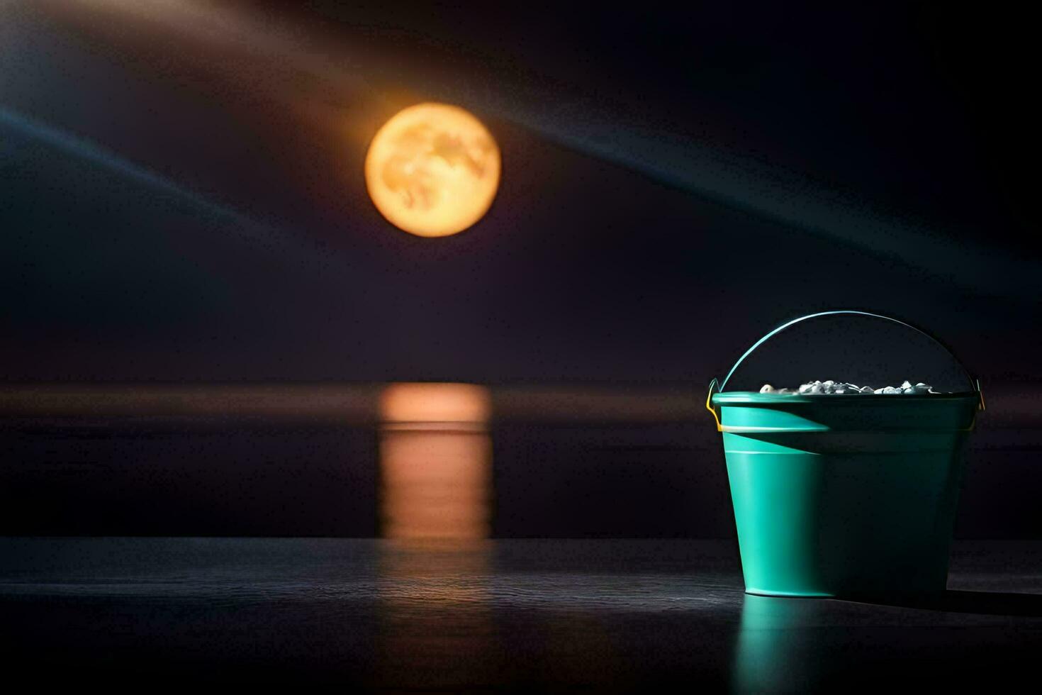 a bucket of ice on the beach at night. AI-Generated photo