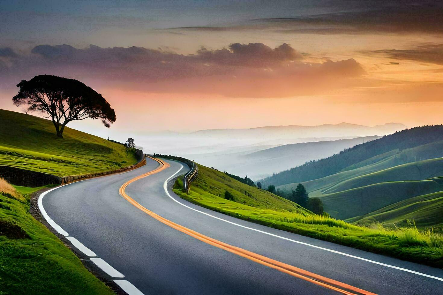 a scenic road in the mountains with a tree. AI-Generated photo