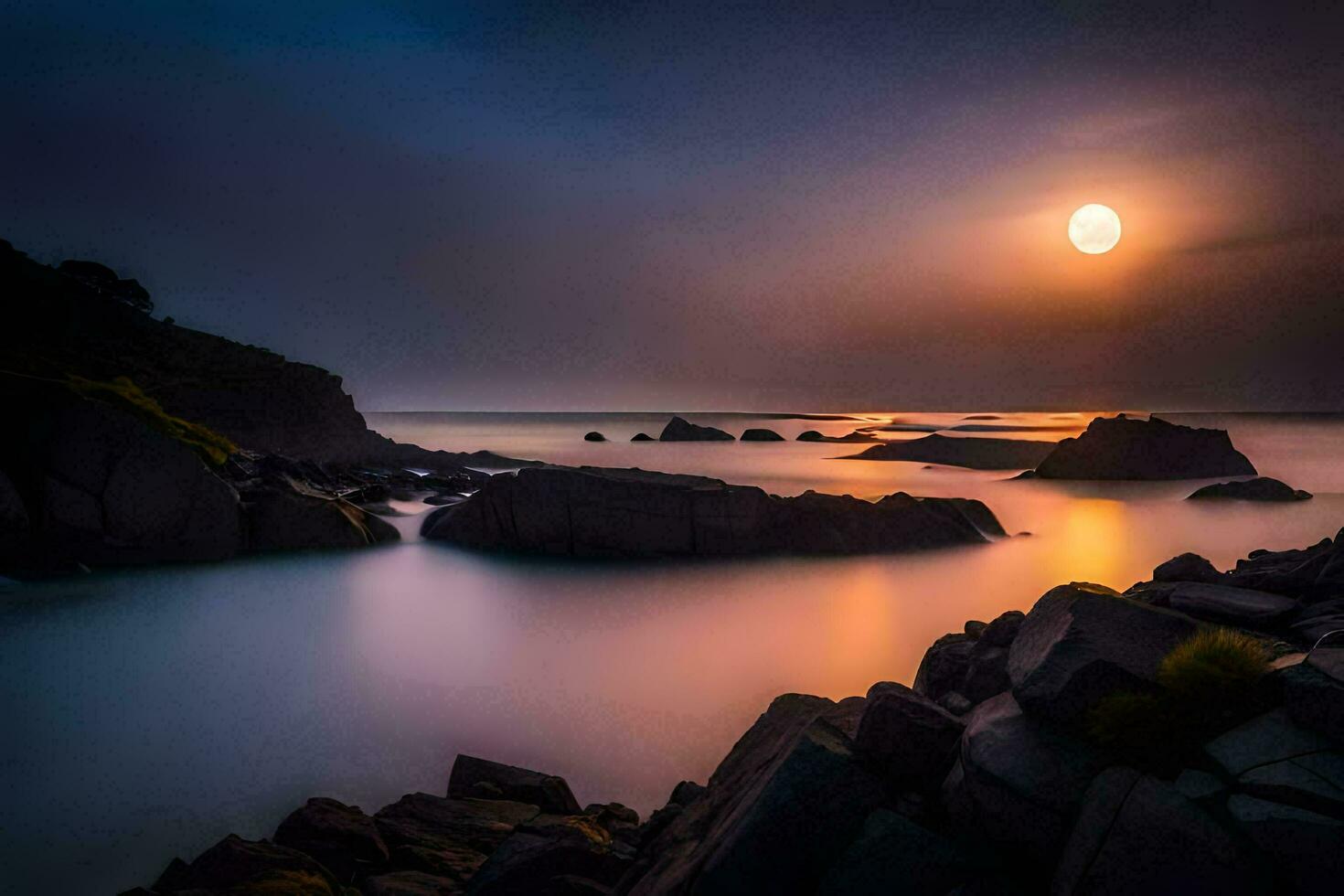 the moon rises over the ocean and rocks. AI-Generated photo