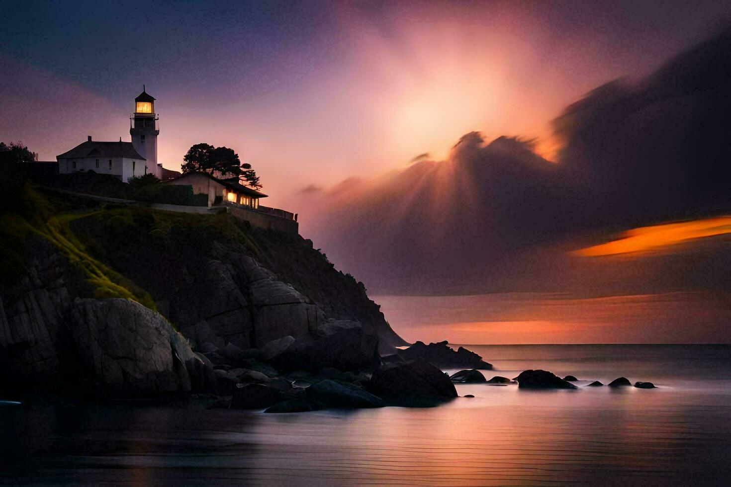 a lighthouse on the coast with a dramatic sunset. AI-Generated photo