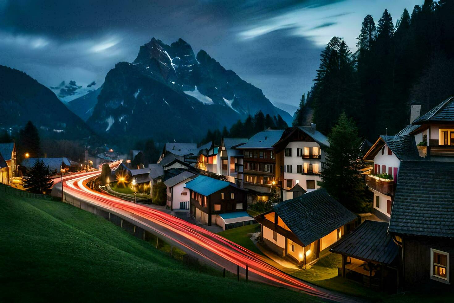 a town at night with a mountain in the background. AI-Generated photo