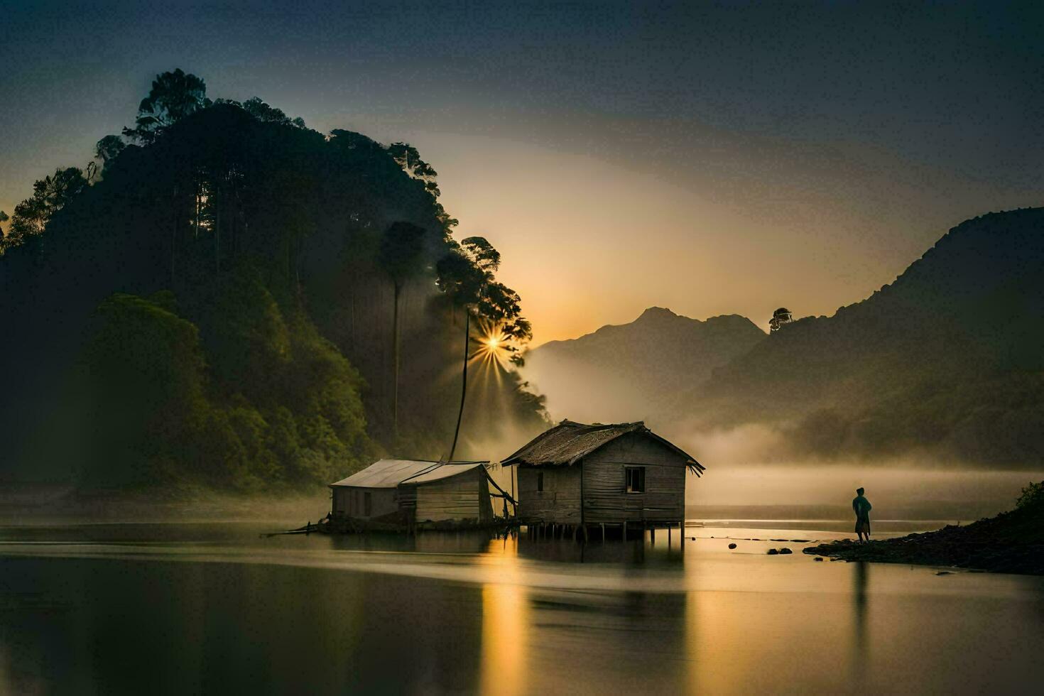 un hombre soportes en el apuntalar de un lago a amanecer. generado por ai foto