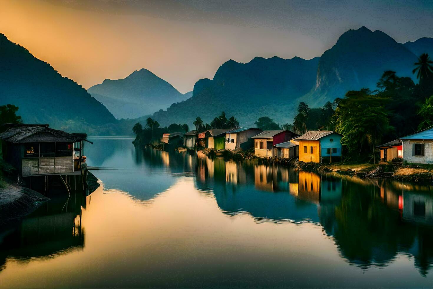 houses on the banks of a river at sunset. AI-Generated photo