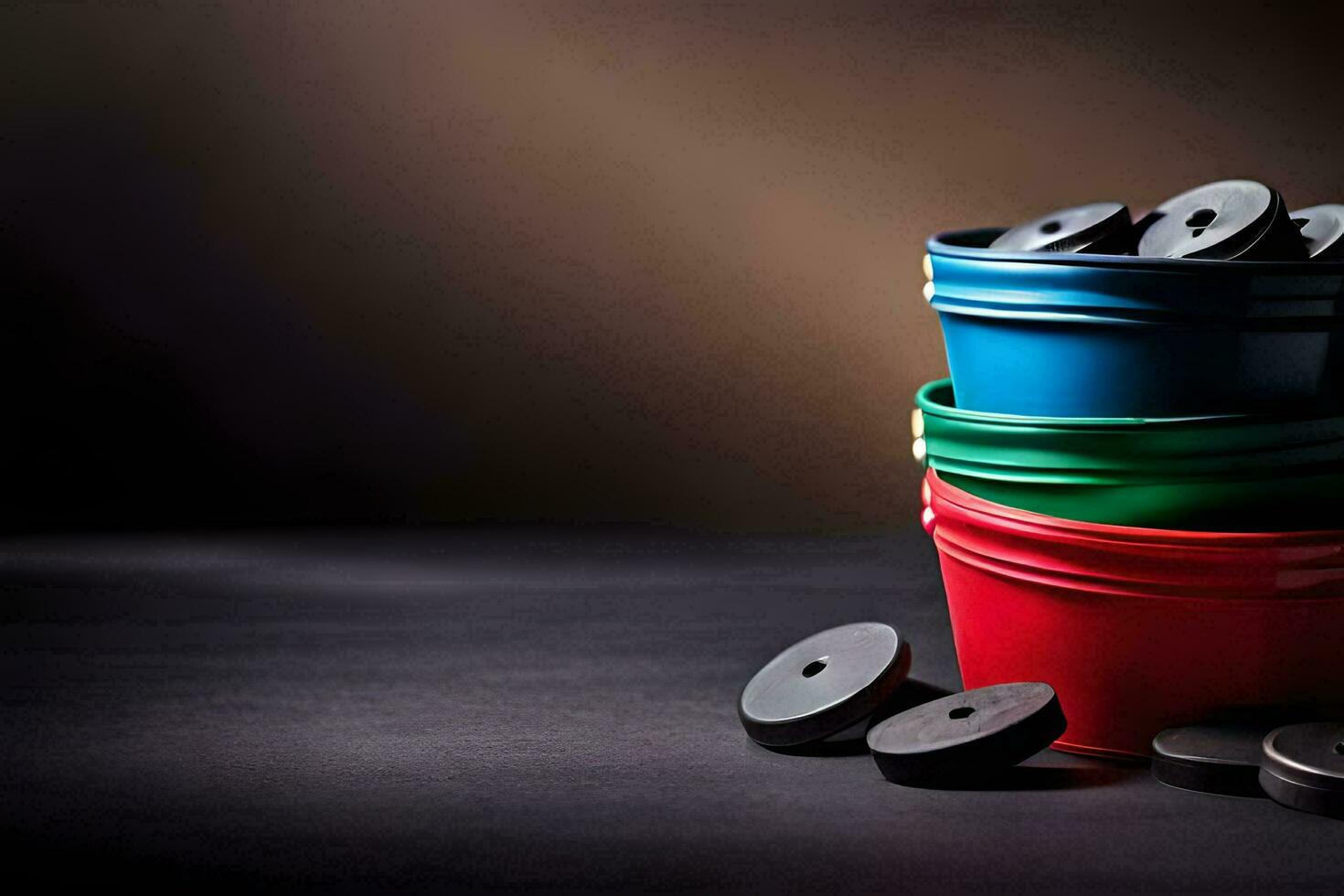 colorful buckets with black and red rubber balls. AI-Generated photo