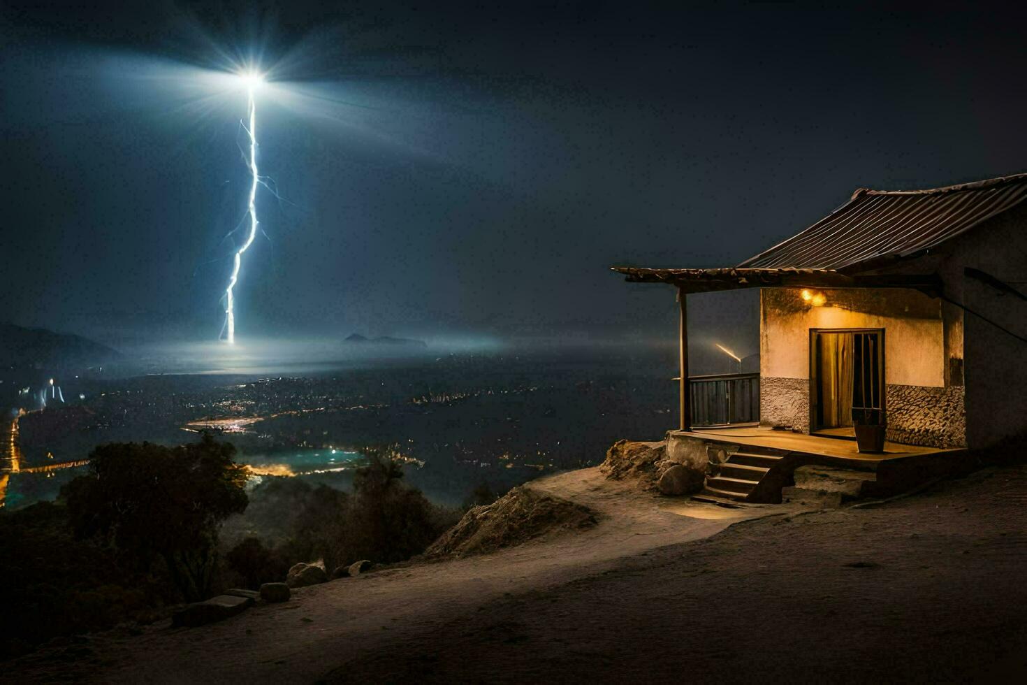 a lightning bolt strikes over a house on a hill. AI-Generated photo