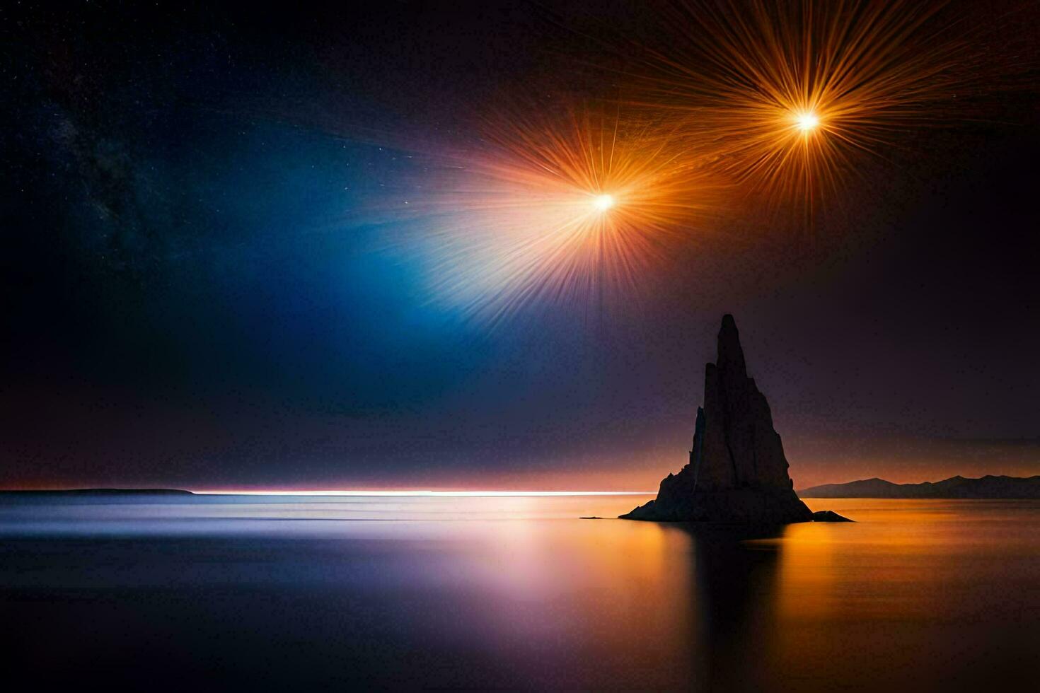 a rock formation in the ocean with stars shining above it. AI-Generated photo