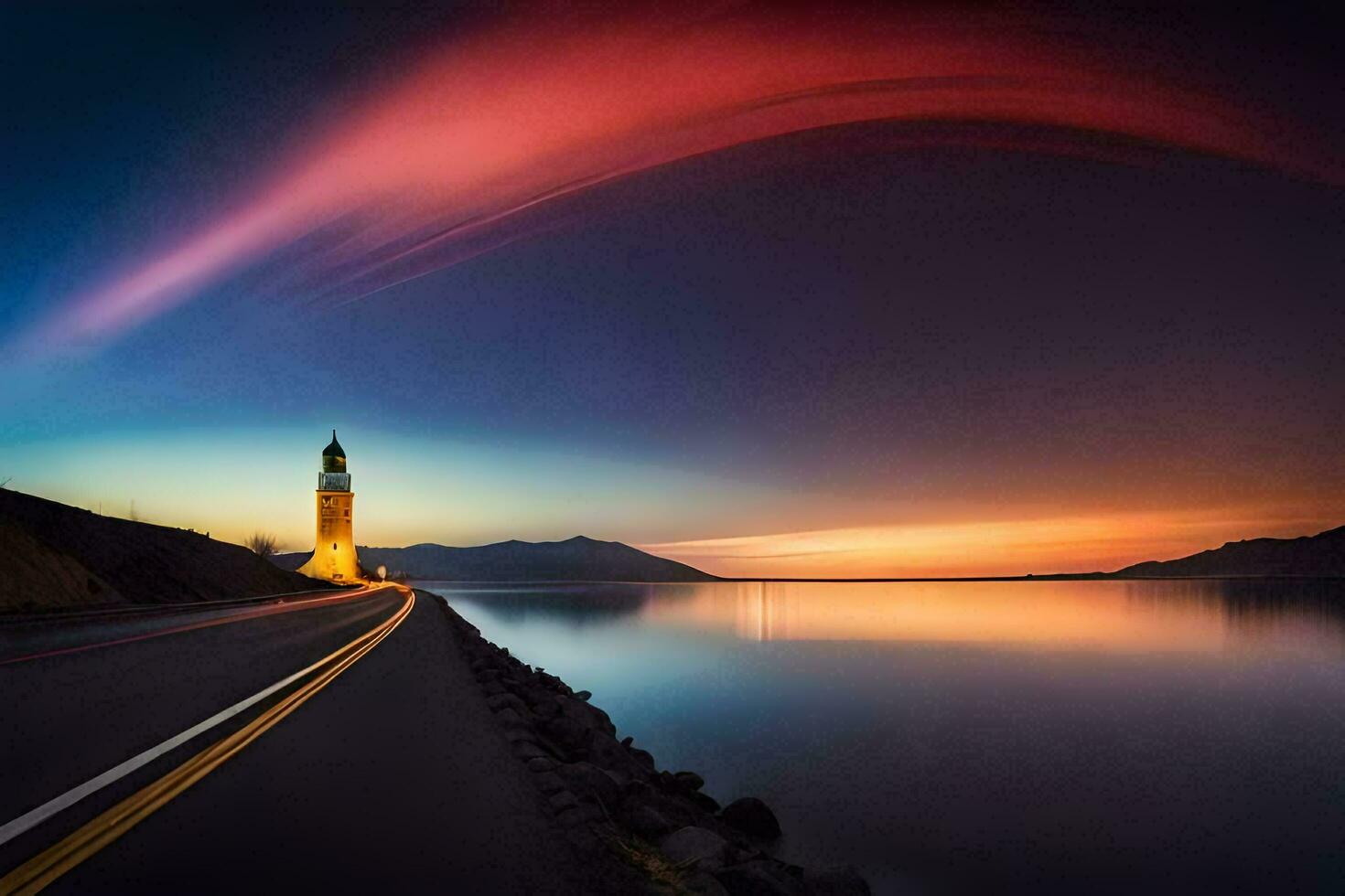 a lighthouse stands on the shore of a lake at sunset. AI-Generated photo