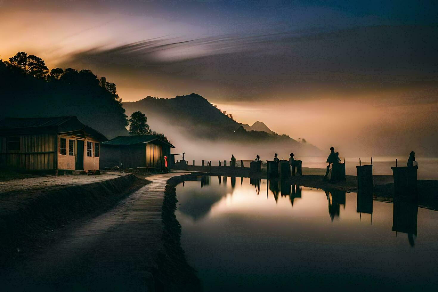 a lake in the mountains with a house and a boat. AI-Generated photo