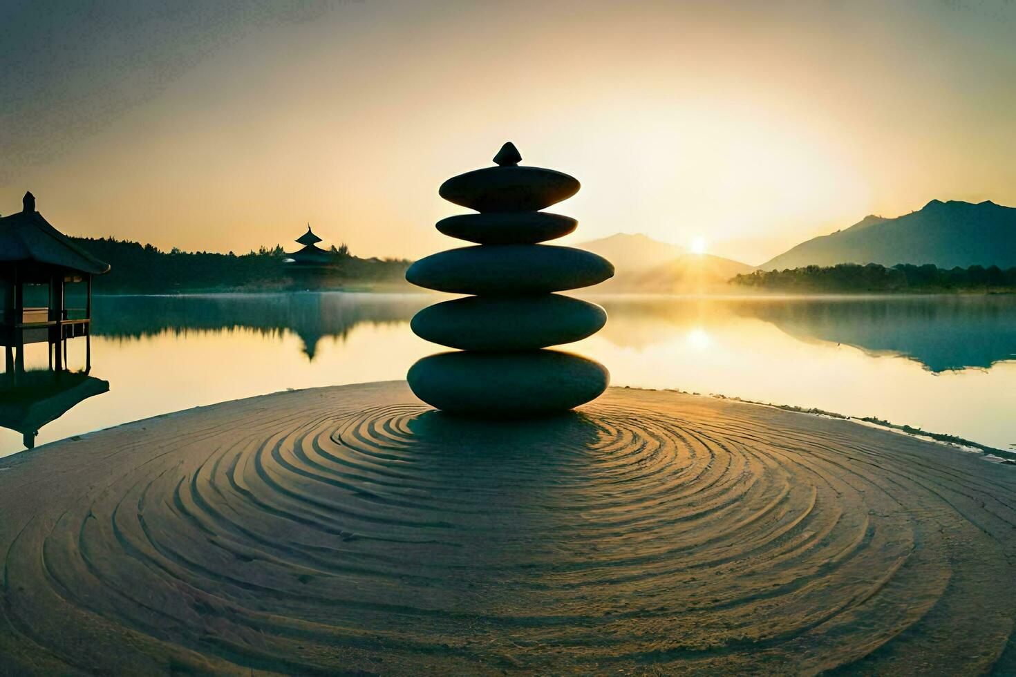 a stack of stones in the middle of a lake. AI-Generated photo