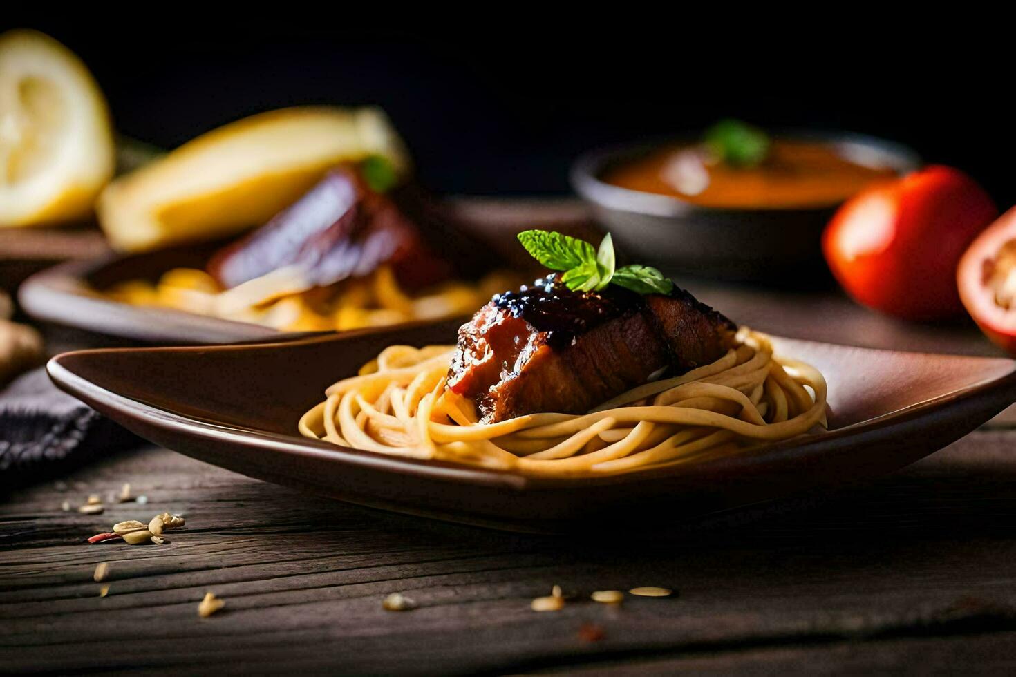 a plate of spaghetti with meat and sauce. AI-Generated photo