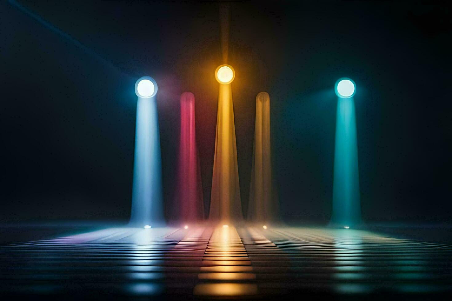 three colorful lights shine on a stage. AI-Generated photo