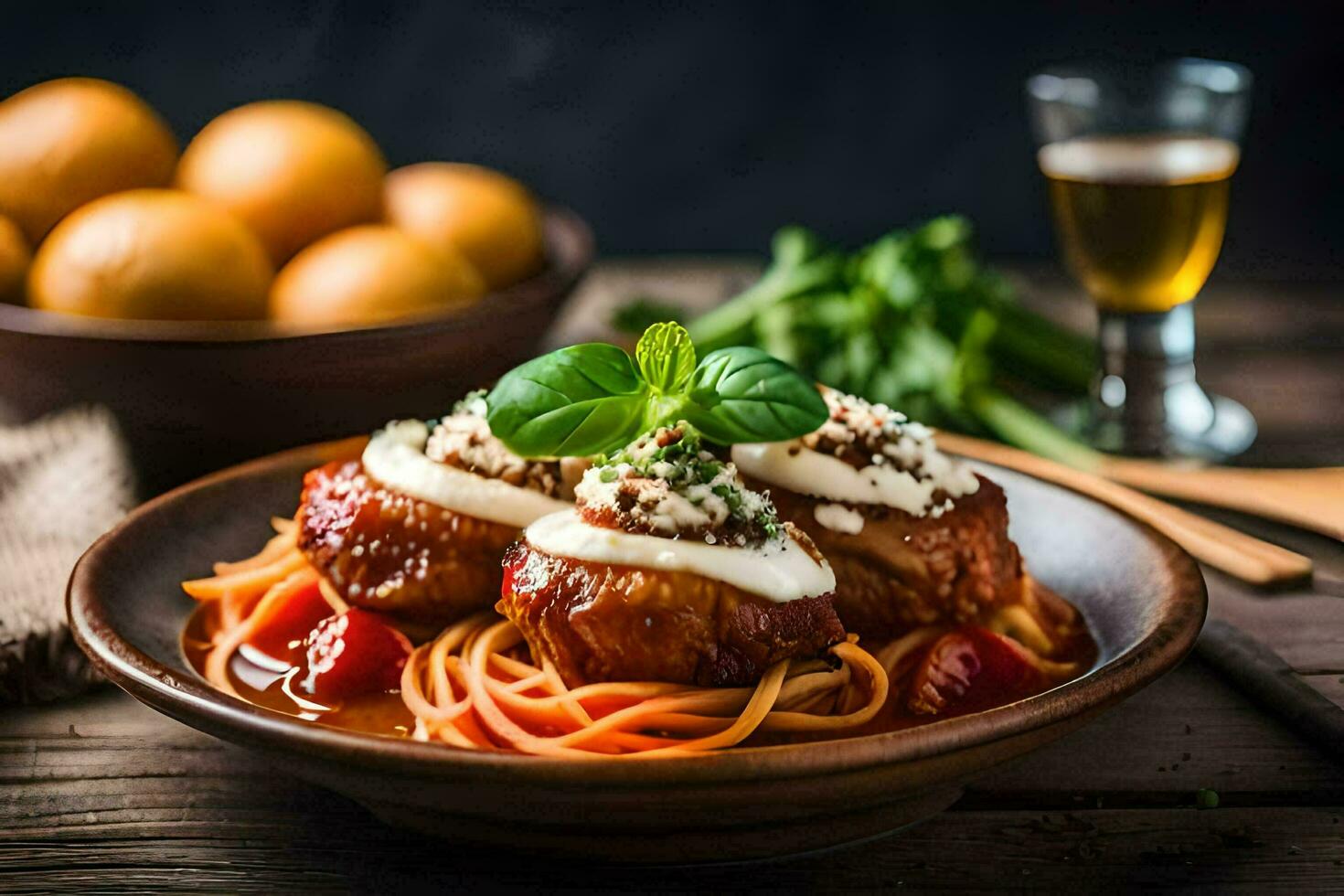 spaghetti with meatballs and tomatoes in a bowl. AI-Generated photo