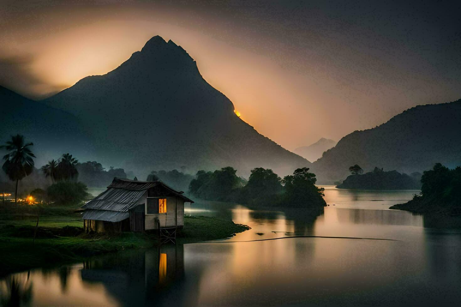 a small house sits on the edge of a river in front of mountains. AI-Generated photo