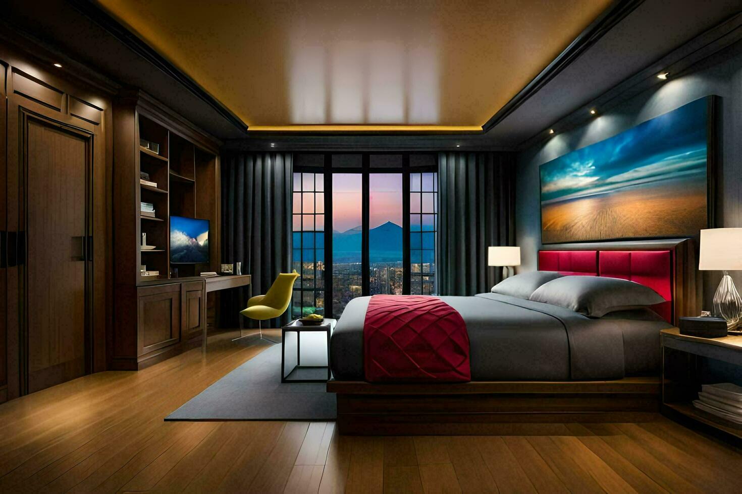 a bedroom with a large bed and a painting on the wall. AI-Generated photo