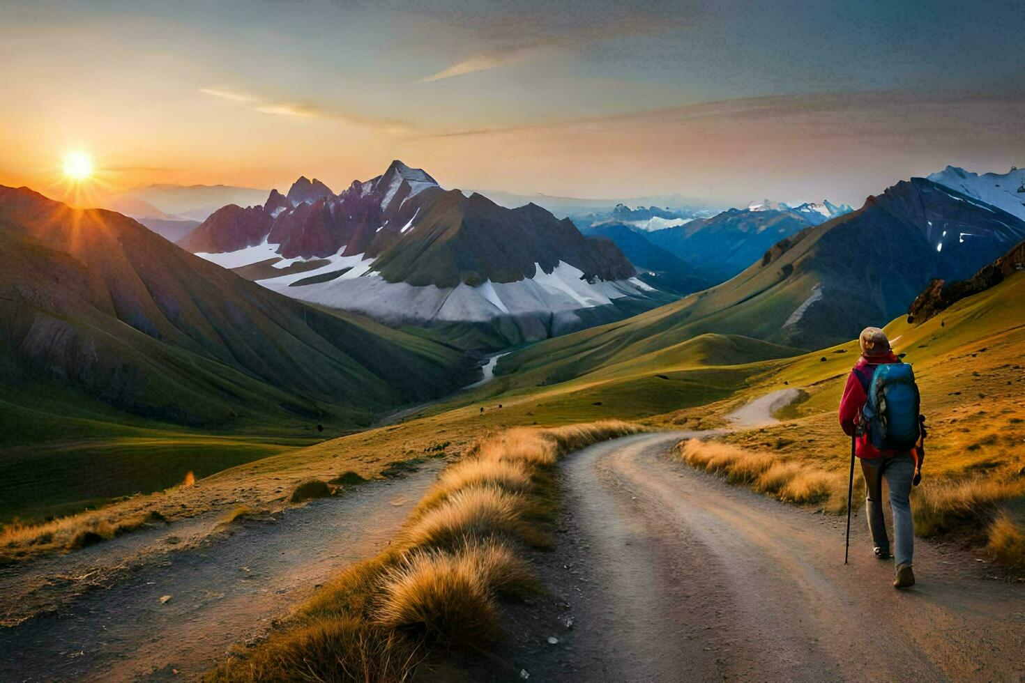 a person walking on a road in the mountains. AI-Generated photo