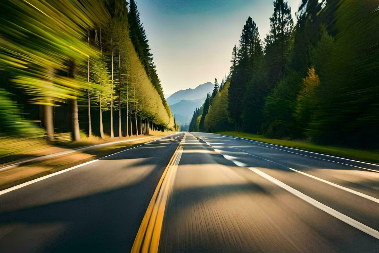 a blurry image of a road with trees and mountains. AI-Generated photo