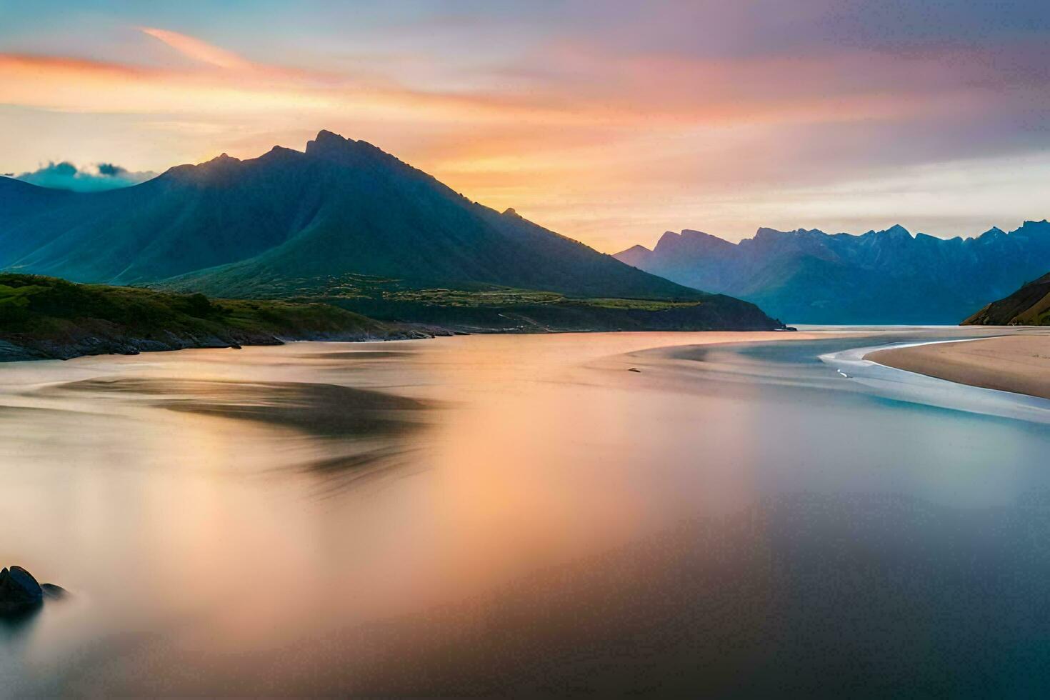 un hermosa puesta de sol terminado un río y montañas. generado por ai foto