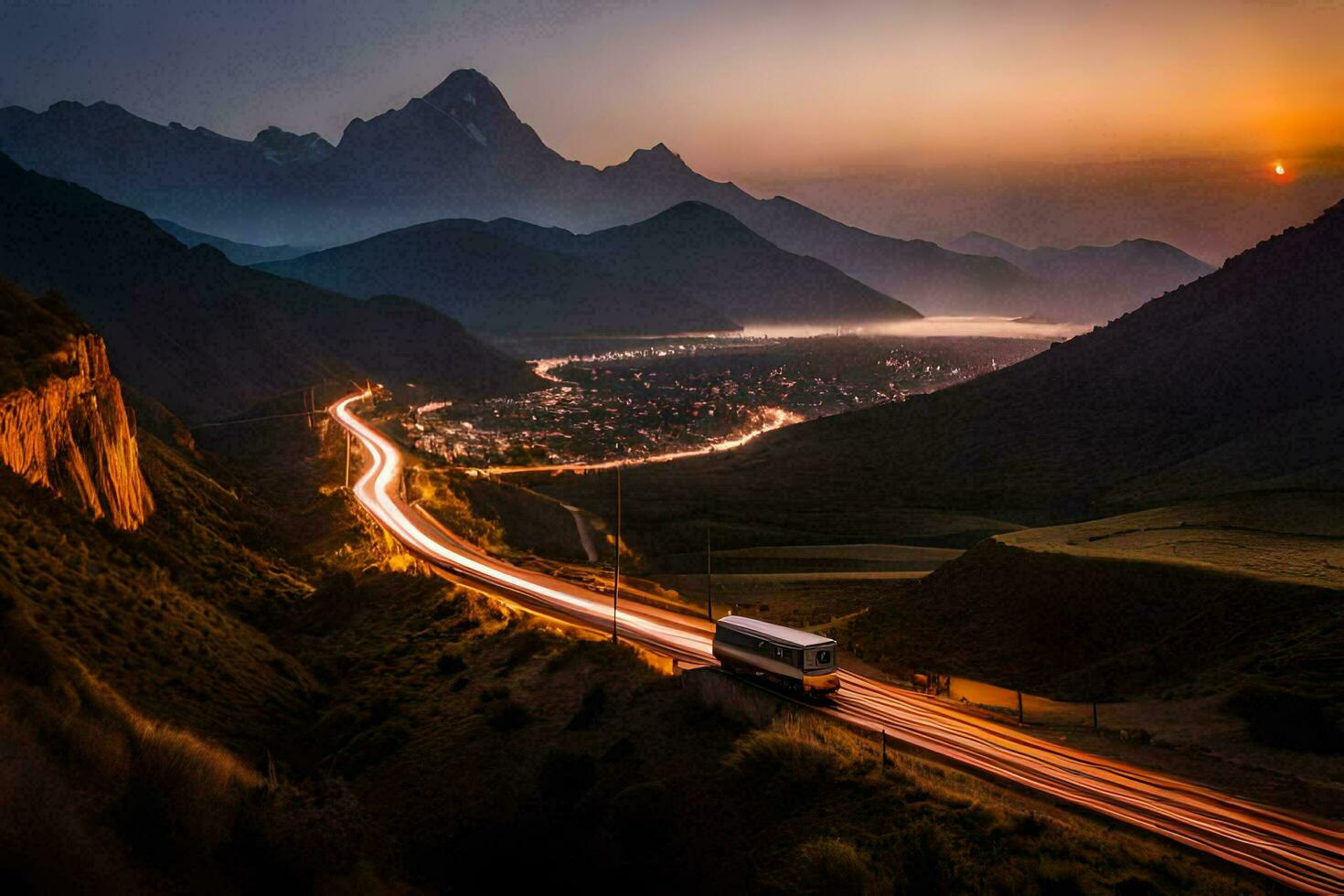 a long exposure photo of a road and mountains at sunset. AI-Generated