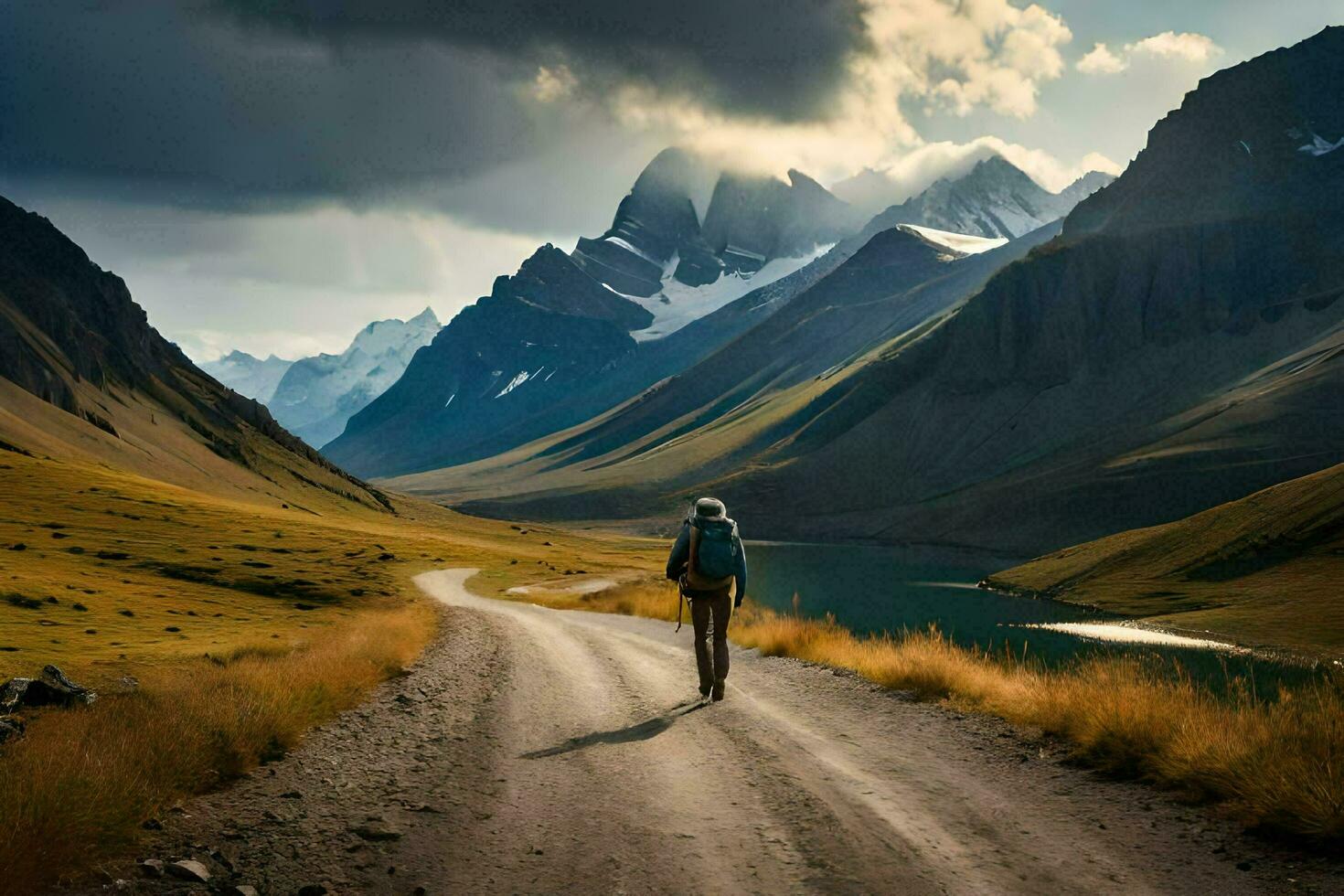 a man walking down a road in the mountains. AI-Generated photo