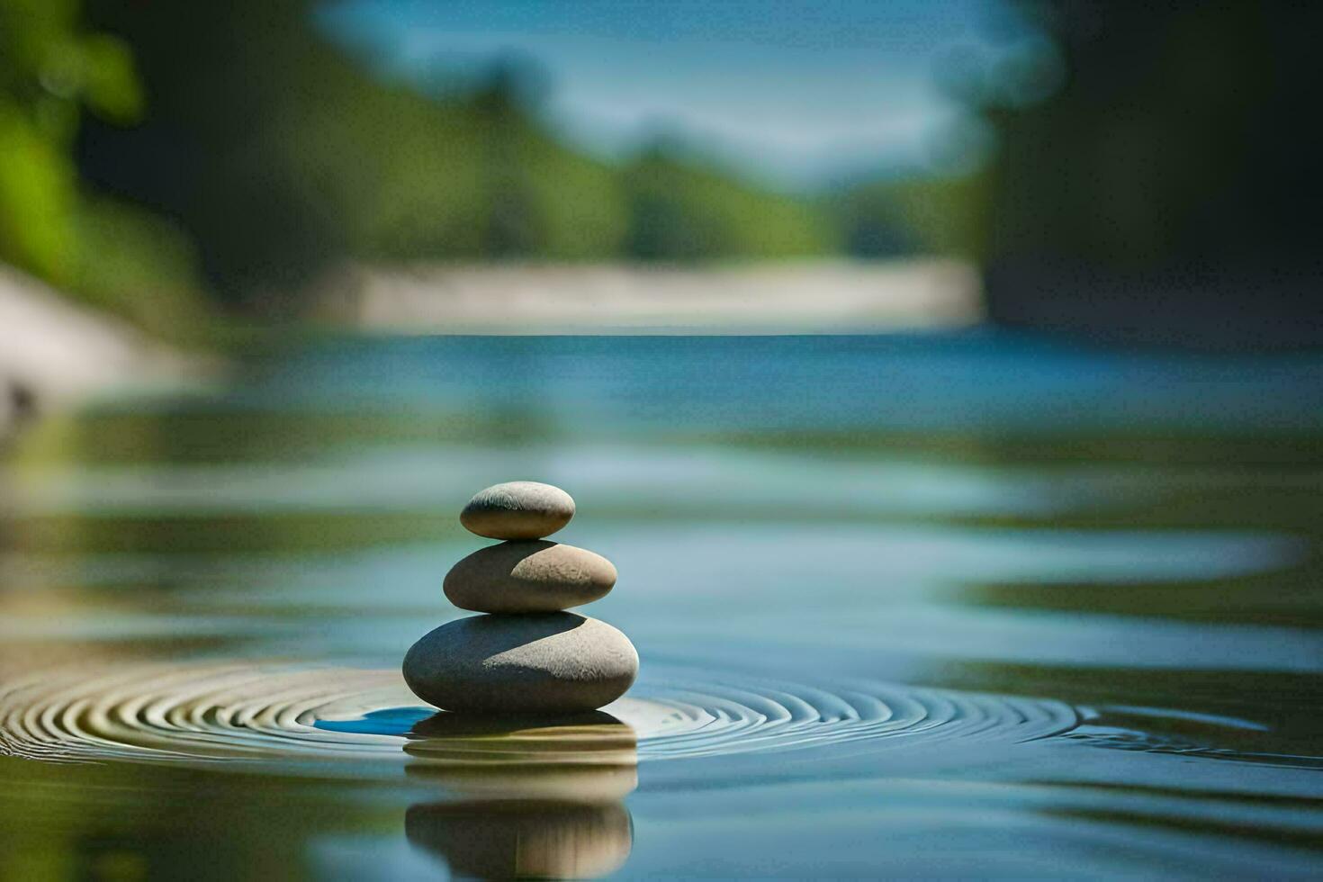 a stack of stones is sitting on top of a river. AI-Generated photo