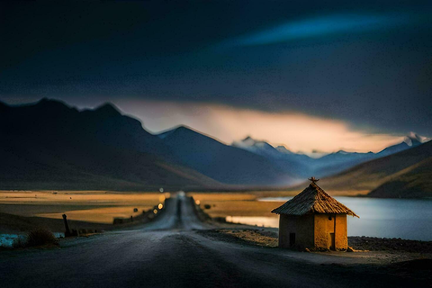 un pequeño choza se sienta en el lado de un la carretera en el medio de un lago. generado por ai foto