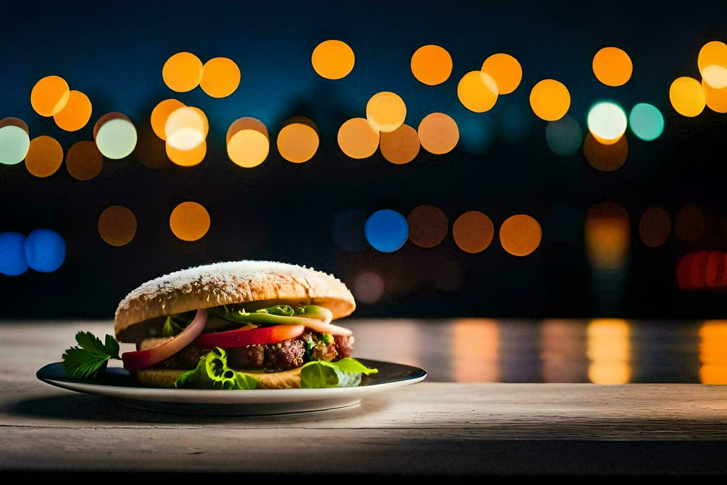 a hamburger on a plate with lights in the background. AI-Generated photo