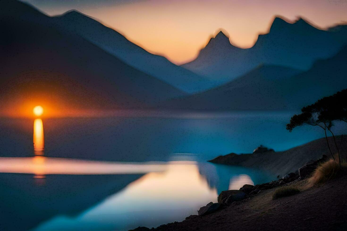 the sun rises over a lake and mountains. AI-Generated photo