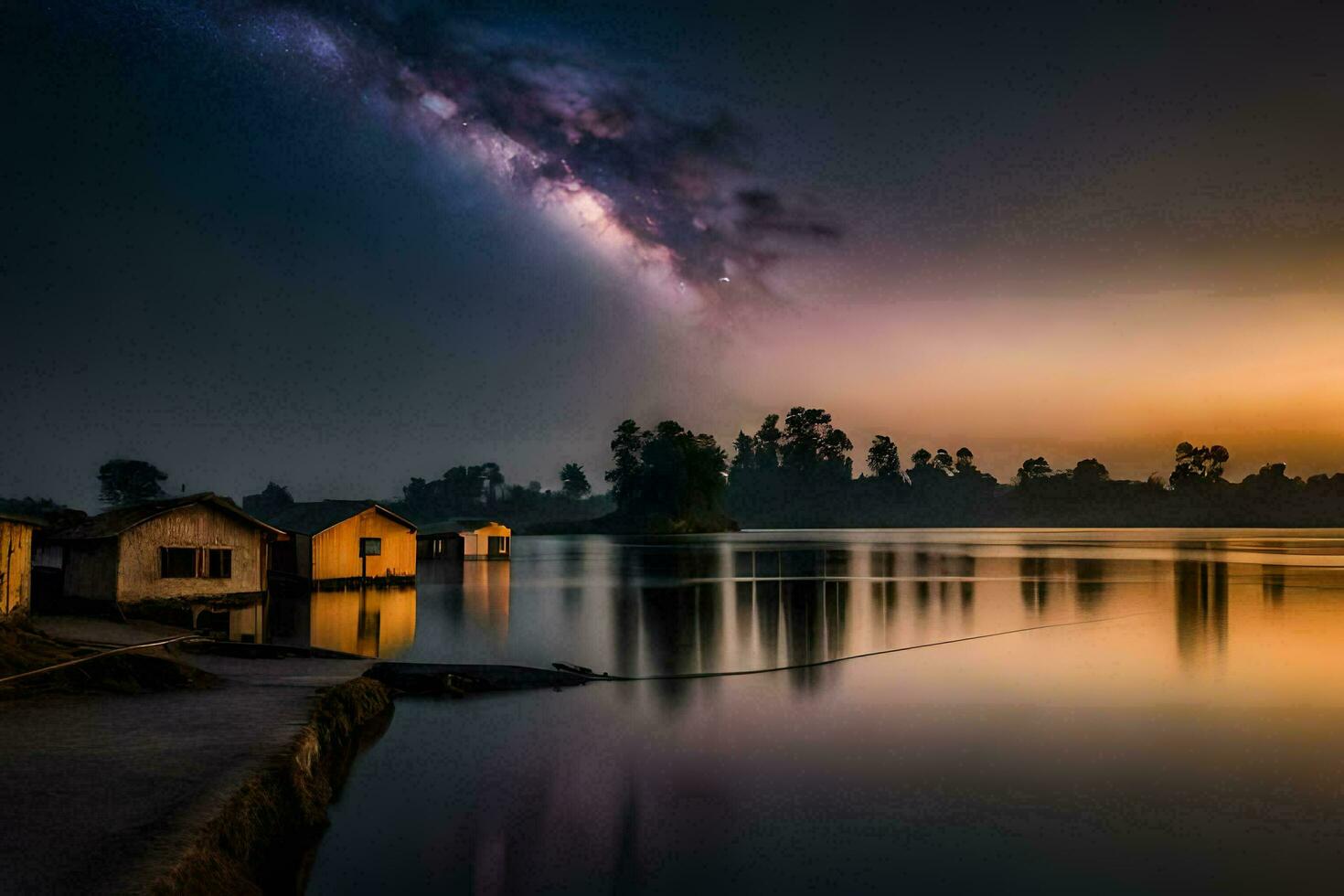 a lake with houses and a sky full of stars. AI-Generated photo