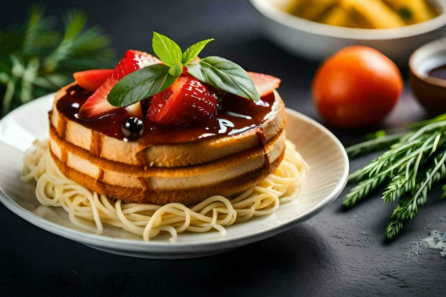 a plate with a stack of pancakes topped with strawberries and basil. AI-Generated photo