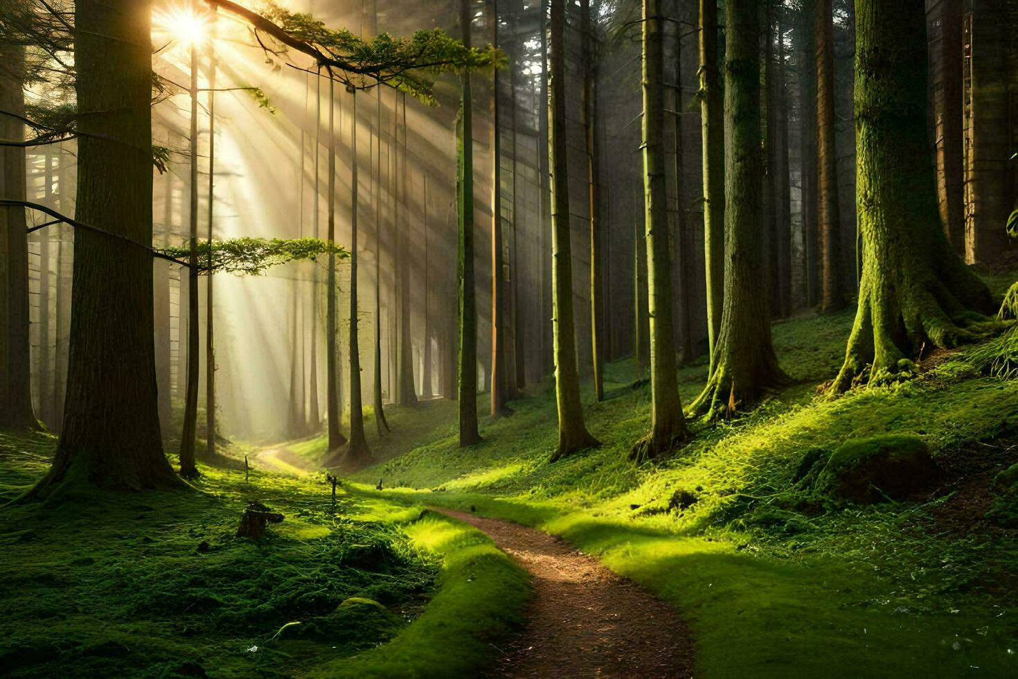 path in the forest with sun rays shining through the trees. AI-Generated photo
