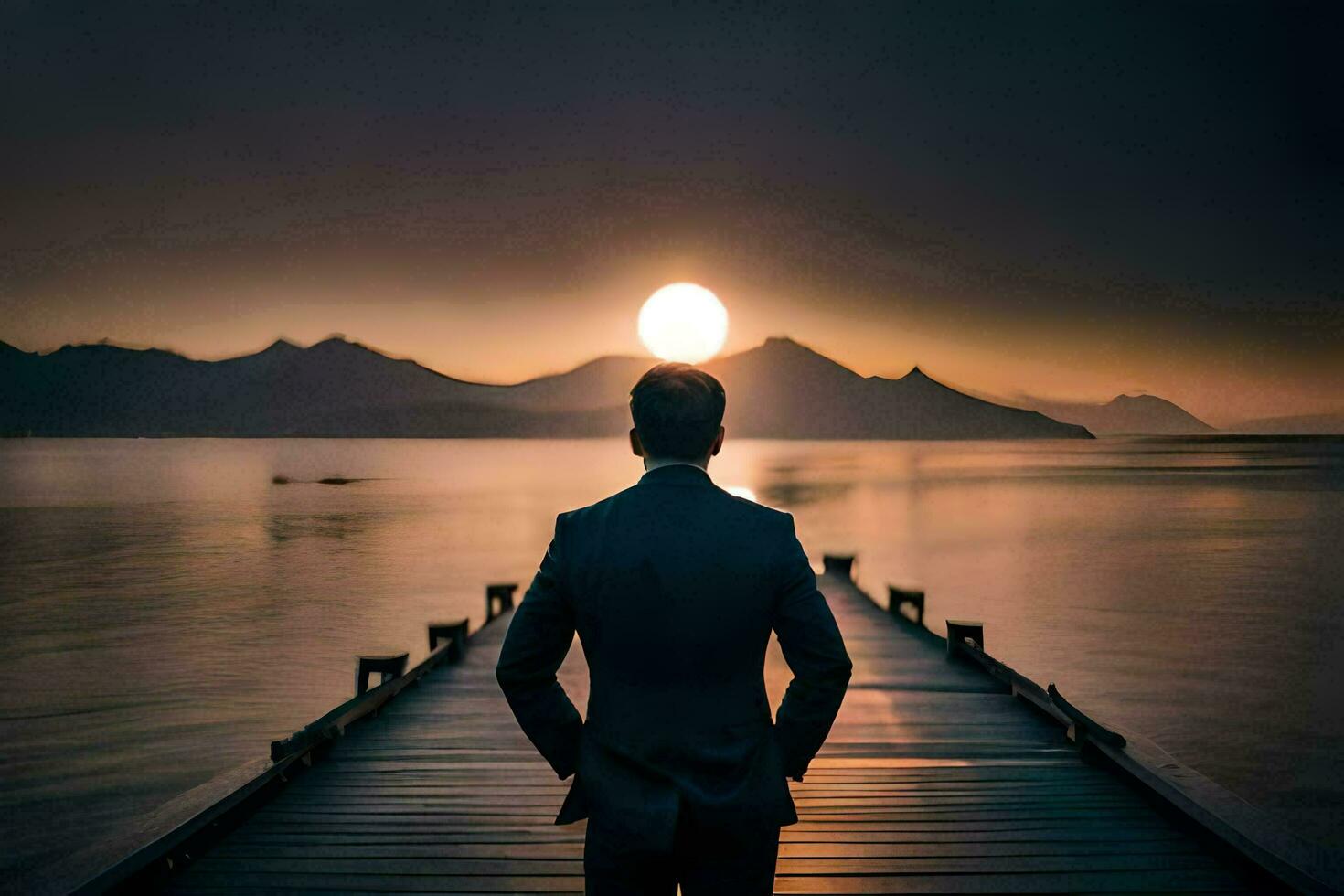 a man in a suit stands on a dock looking at the sun. AI-Generated photo