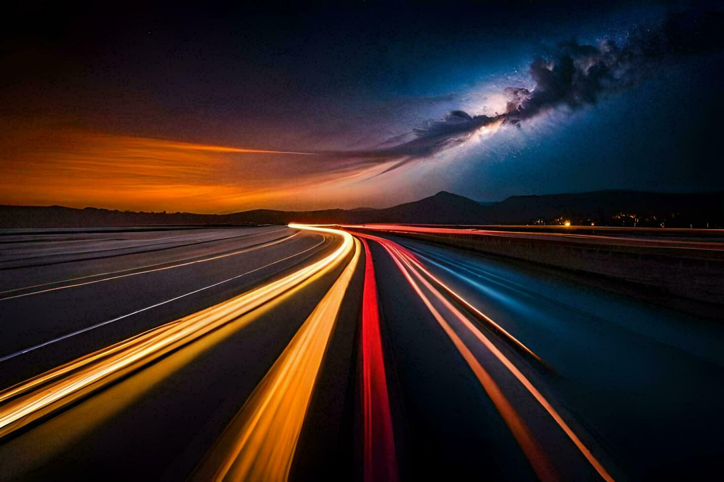 light trails on the road. AI-Generated photo