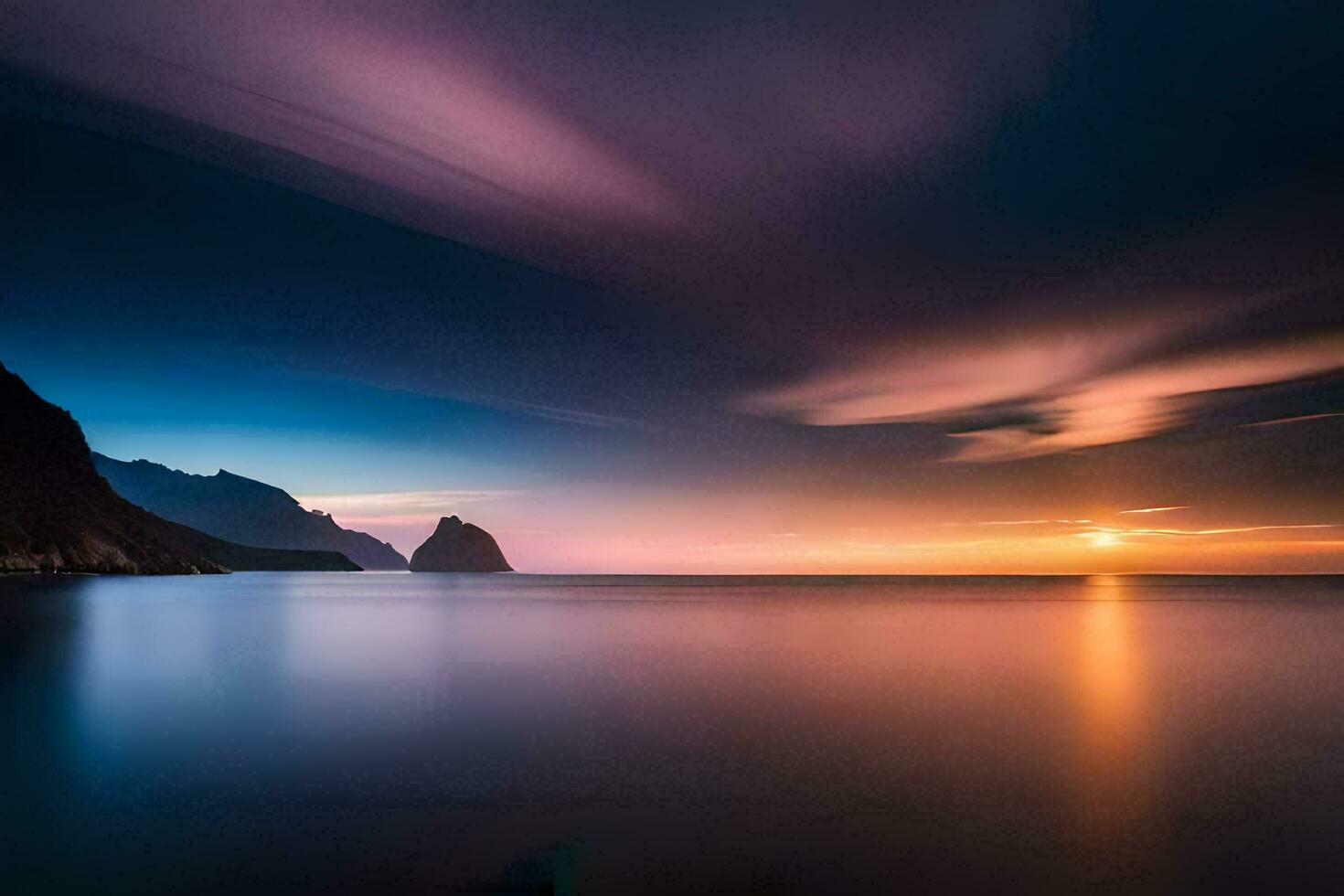 the sun sets over the ocean and mountains. AI-Generated photo