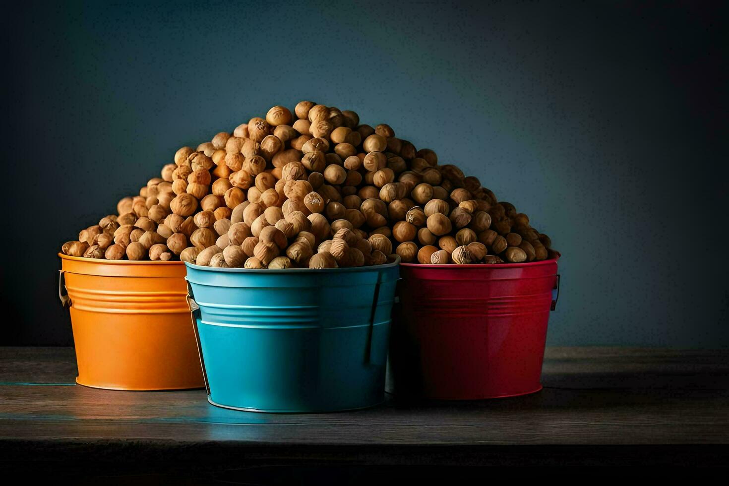 three buckets of nuts on a table. AIGenerated 34358559 Stock Photo at