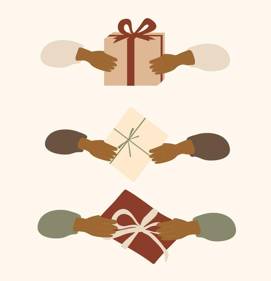 Set of afro black hands holding gift box vector