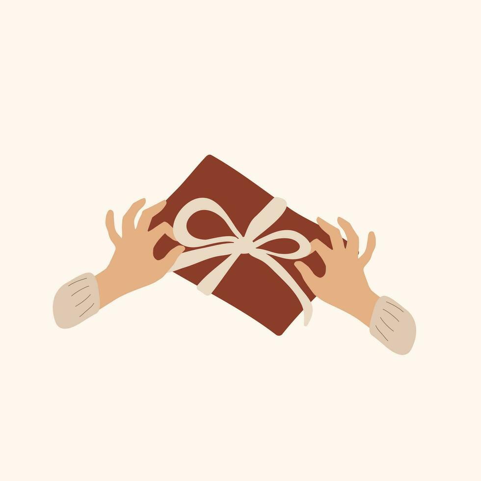 Hands wrap a holiday gift. Woman hands fixing a ribbon. Opening a box. vector