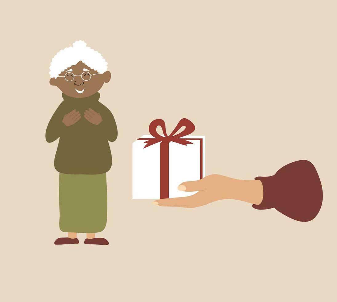 Gift box for old afro woman. Smiling black grandmother getting a christmas surprise. vector