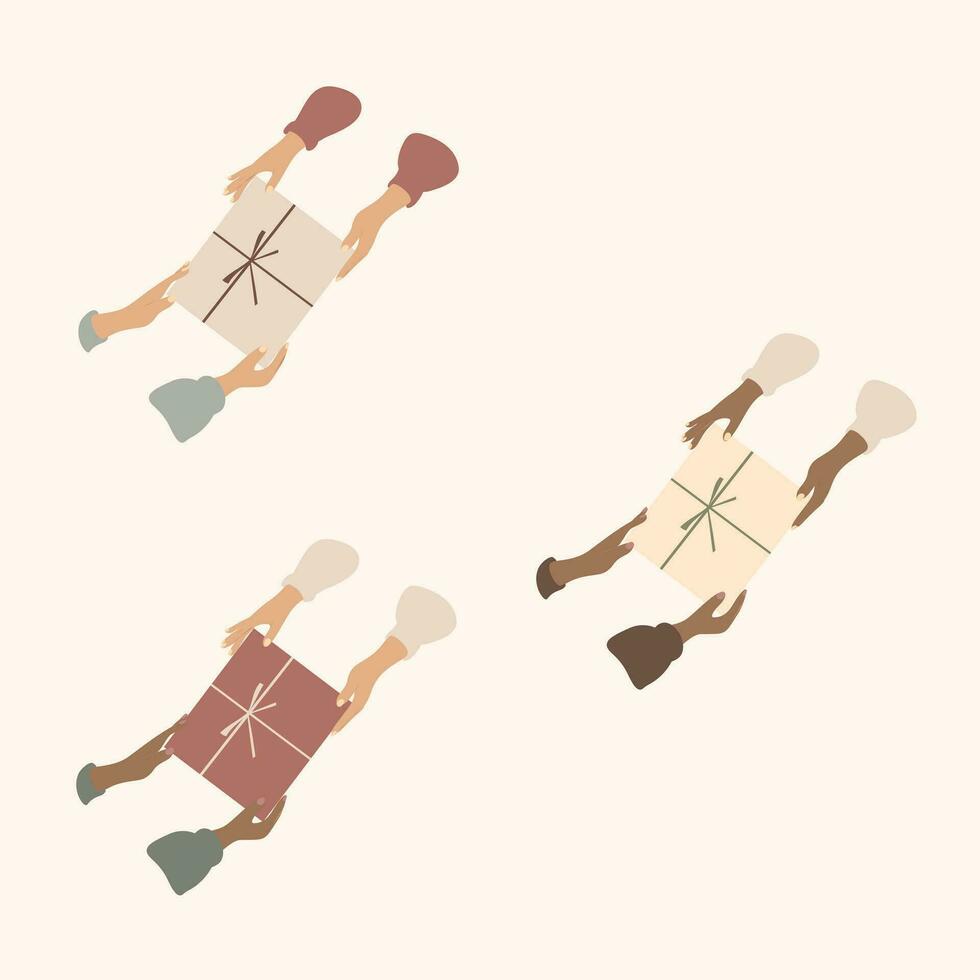 Set of hands passing a box gift to other hands vector