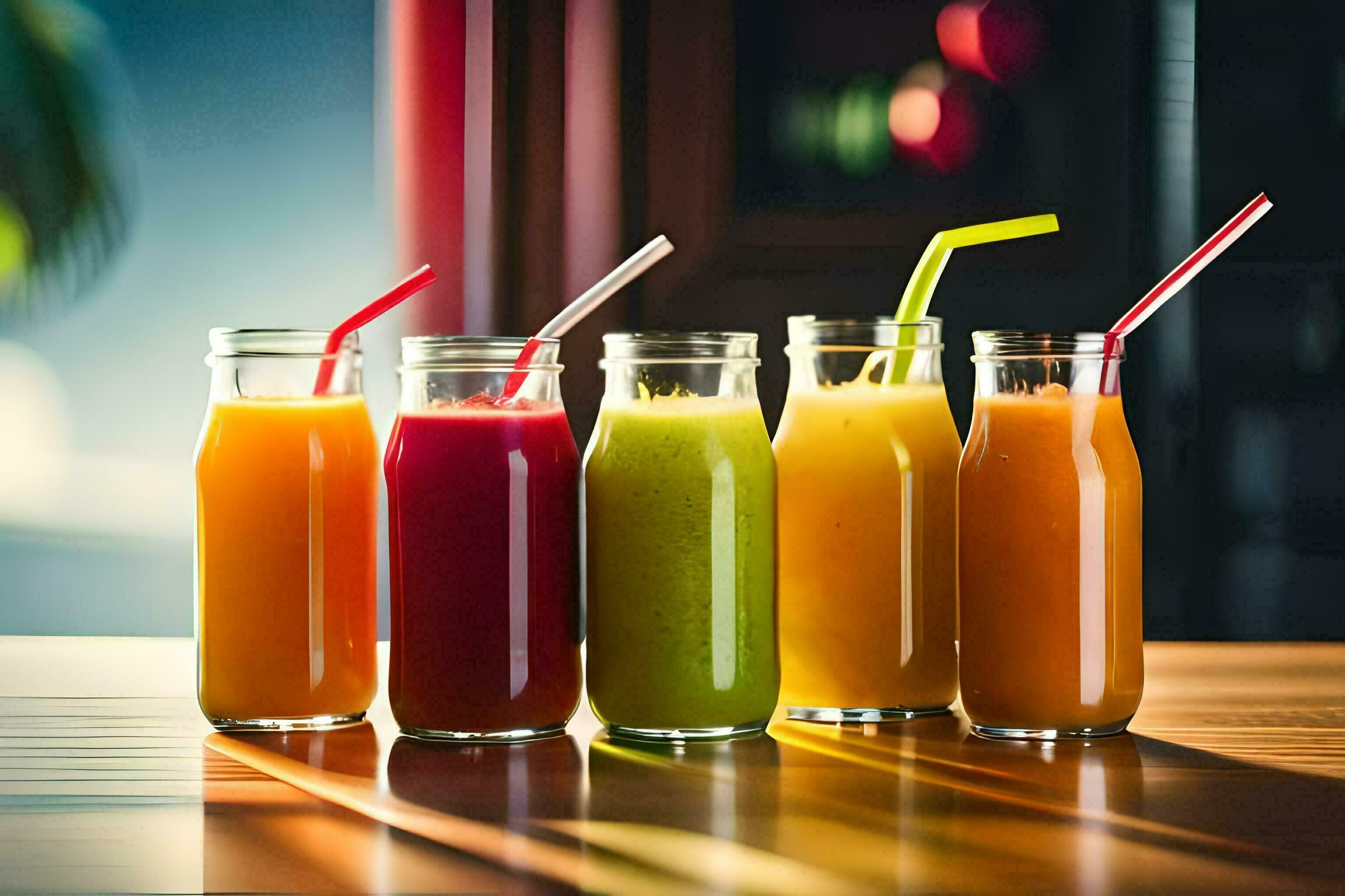 five different types of juices in glass bottles. AIGenerated 34358640